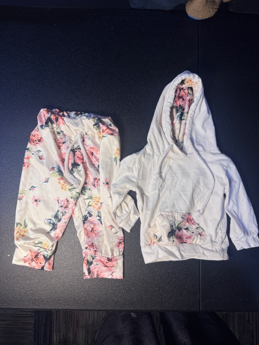 Girls Floral Hooded Sweatshirt & Jogger Set - Cream with Pink Roses